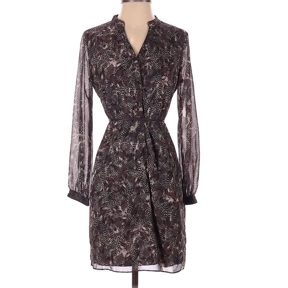 Ann Taylor | Peasant Brown Feather Boho Dress Size 10 with Leather Trim